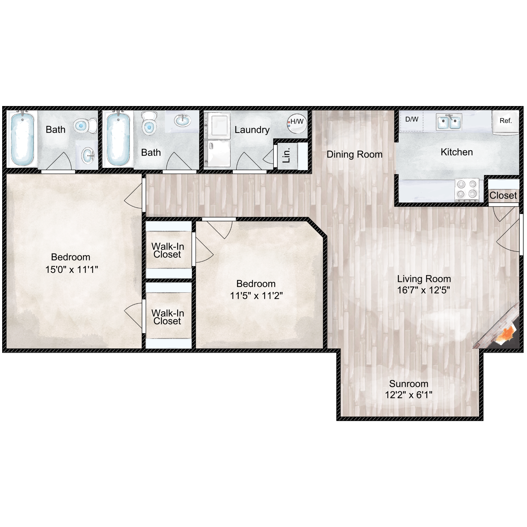 Floor plan for 2 beds, 2 baths, 1000 sqft